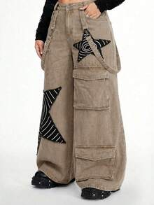 ROMWE Grunge Punk Quần cargo ống rộng dáng rộng cho nữ cỡ lớn, phong cách punk rách rưới, có họa tiết ngôi sao. - Màu Khaki - Xem 3