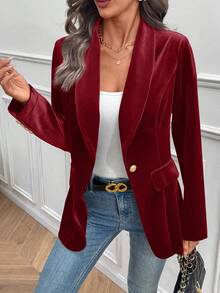 EMERY ROSE Women's Elegant Solid Color Velvet Blazer - Red - View 3