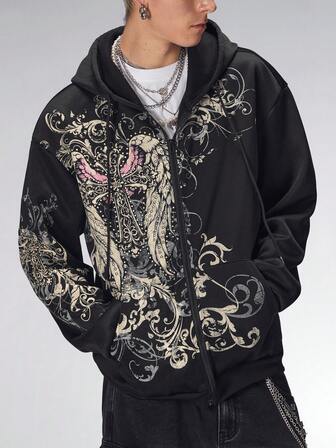 Goth Men's Cross And Wing Print Hooded Zip-Up Long Sleeve Sweatshirt
