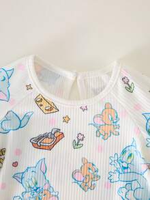 TOM & JERRY X SHEIN 女婴休闲印花圆领荷叶边下摆睡裙，夏季 - 白色 - 查看 3