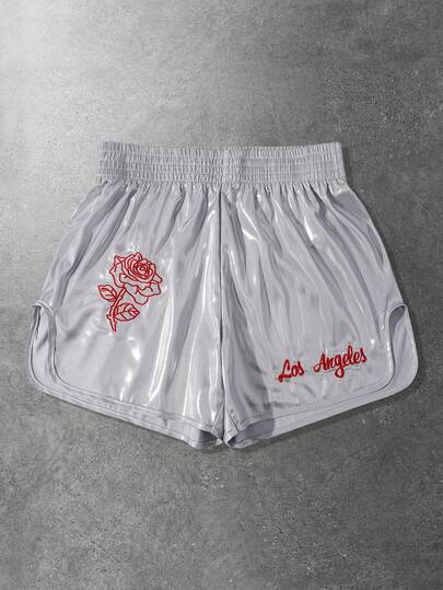 ROMWE MEN Men's Casual Fashionable Street Floral & Letter Embroidered Elastic Waist Boxing Shorts