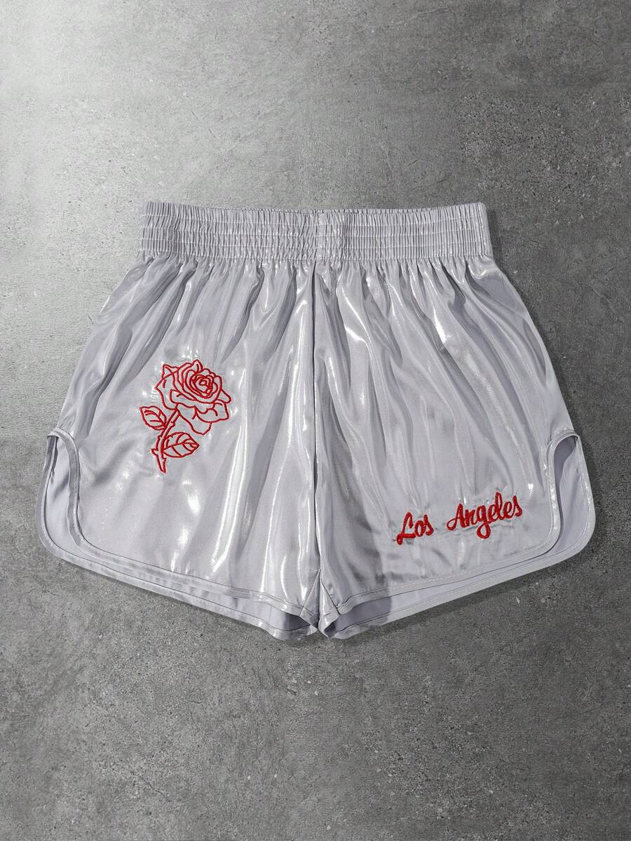 ROMWE MEN Street Life Short de boxe décontracté et pour hommes, avec taille élastique, broderie florale et lettres - Argent - Voir 1