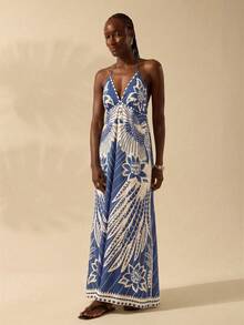 CAJUNI Đầm maxi nữ mùa hè kiểu dáng thoải mái, dây mảnh, họa tiết boho nhiệt đới, thích hợp đi biển, có dây buộc. - Màu xanh lam - Xem 4