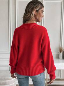 Suéter de empalme de peluche para mujeres - mitad inferior del  de la ropa + material de peluche largo de empalme de puños, Corte suelto - Rojo - Ver 2