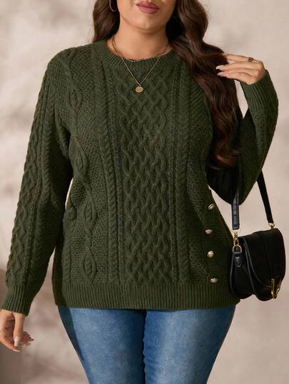 EMERY ROSE Autumn/Winter New Casual Fashionable Versatile 3D Twist Rope Decor Metallic Button Round Neck Loose Women Oversized Long Sleeve Sweater, Deep Green