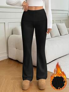 SHEIN Tall Women's Casual Warm Flared Knit Pants, Autumn/Winter - Black - View 4