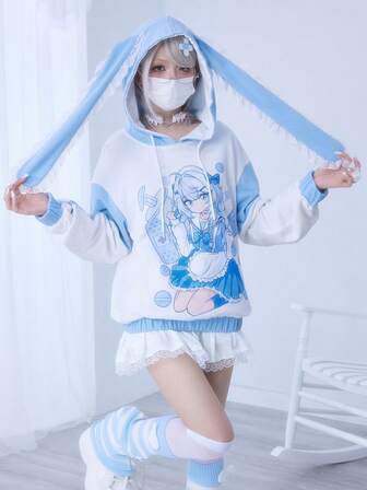 Damen süßer Anime-Mädchen Hoodie mit Kontrastfarbenpatchwork, Spitzen-Hasenohren-Dekor und Grafikdruck, Kawaii Schul-Stil