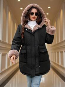 SHEIN Clasi 加大码兔毛内衬连帽派克大衣休闲外套，曲线款加大码女式日常休闲拉链连帽抽绳腰长袖防风外套，保暖防寒防风，2025新款，舒适保暖，加大码女式长袖口袋休闲冬装外套，秋季/冬季 - 黑色 - 查看 8
