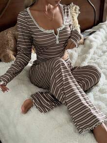 Dream Adore Women's Casual Striped Print Lace Trim Square Neck Button Front Long Sleeve Pajama Set Two Piece Pajamas Set Brown Pajama Set Striped Pajama Set Women's Sleepwear Two Piece Lounge Set Two Piece - Multicolor - View 3