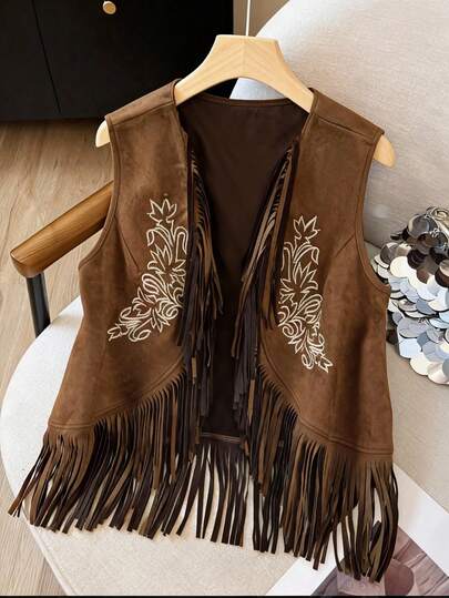 Franclia Plus Size Modern Ärmlös Västjacka Med Fransar I Mocka