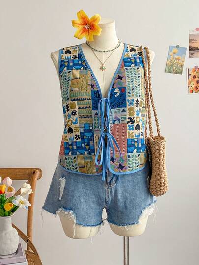 Soleia Plus Size Women's Vacation Casual Vintage Patchwork Tie-Up Textured Fabric Tank Top, Summer,Spring,Valentine's Day,Carnival,Party,Beach,Vacation,Outfits For Women.