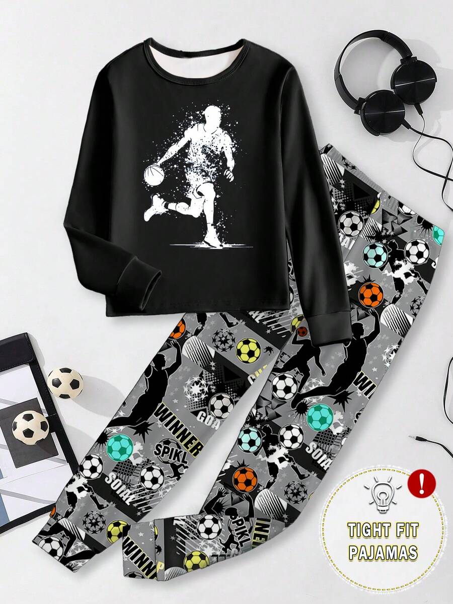 男童紧身运动主题睡衣套装，黑色圆领长袖上衣，灰色长裤，足球、篮球图案，彩色印花，紧身设计，舒适弹力，居家、睡眠皆宜，运动风格，四季皆宜，2026年节日必备，礼物 - 黑色 - 查看 1