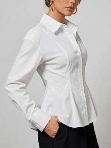 COSMINA Women's Casual Solid Color Button-Up Shirt, A-Line Hem Blouse, Elegant Office Wear, Suitable For Work, Fashion Versatile Piece, Suitable For Daily Wear, White Long Sleeve Shirt - White - View 3