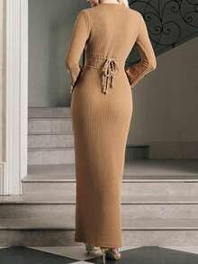 Anewsta Women's Autumn New Deep V-Neck Pleated Waist Belt Handmade Sequin Knit Maxi Dress - Khaki - View 2