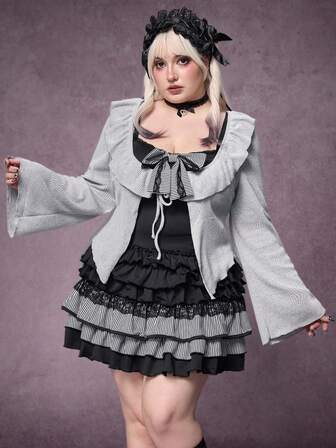 Plus Size Gothic Y2K Harajuku Style Bowknot Patchwork Grey & Black Dress