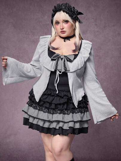 Plus Size Gothic Y2K Harajuku Style Bowknot Patchwork Grey & Black Dress