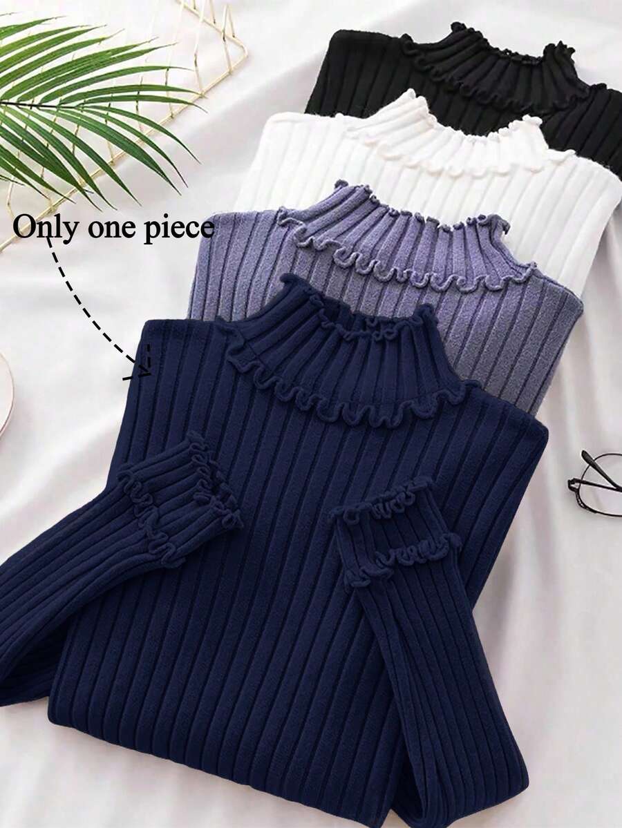 Franclia 优雅博主风罗纹针织毛衣，饰有荷叶边，长袖，时尚设计 - 寶藍色 - 查看 1