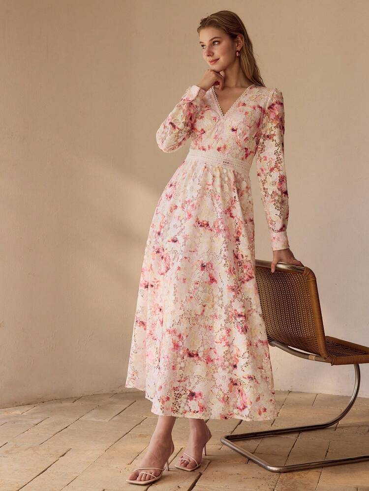 ELEGANT FASHION WAIST CINCHING LACE PATCHWORK V-NECK LONG SLEEVE FLARED HEM GORGEOUS WOMEN DRESS