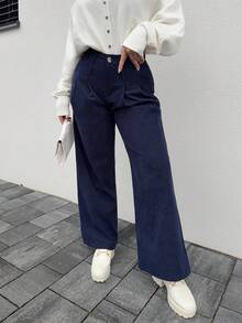 Jeta Ari 女士宽松厚灯芯绒阔腿裤，休闲街头风格，秋冬 - 藏蓝色 - 查看 5