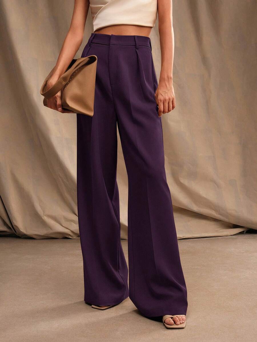 Anewsta Women's Casual Everyday Office Commute Versatile Solid Color High Waist Wide Leg Pants