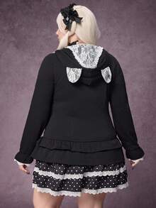 ROMWE Goth Plus Size Women Casual Commuter Cute 3D Cat Ear Contrast Lace Ruffle Hem Zip Up Fitted Sweatshirt - Black - View 6