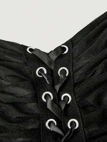 SHEIN MOD 黑色复古网纱蓬蓬裙，交叉系带设计——哥特风返校装扮；节日盛装、公主风、正式礼服、派对裙；完美适用于度假、约会、野餐、派对、舞会、节日和生日；浪漫复古宫廷风 - 黑色 - 查看 4