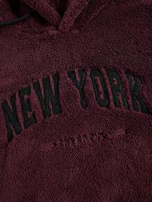 Claim Dot Oversized Men's Teddy Bear Drawstring Hooded Sweatshirt With Drop Shoulder And Letter Embroidery - Burgundy - View 3