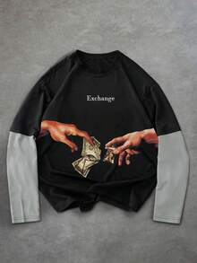 ROMWE MEN Áo thun nam in hình ngộ nghĩnh 2 trong 1 - màu đen - Xem 3