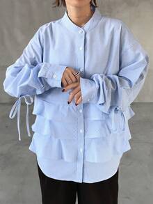 FRIFUL 女士休闲条纹荷叶边下摆衬衫，秋季长袖 - 藍色 - 查看 3