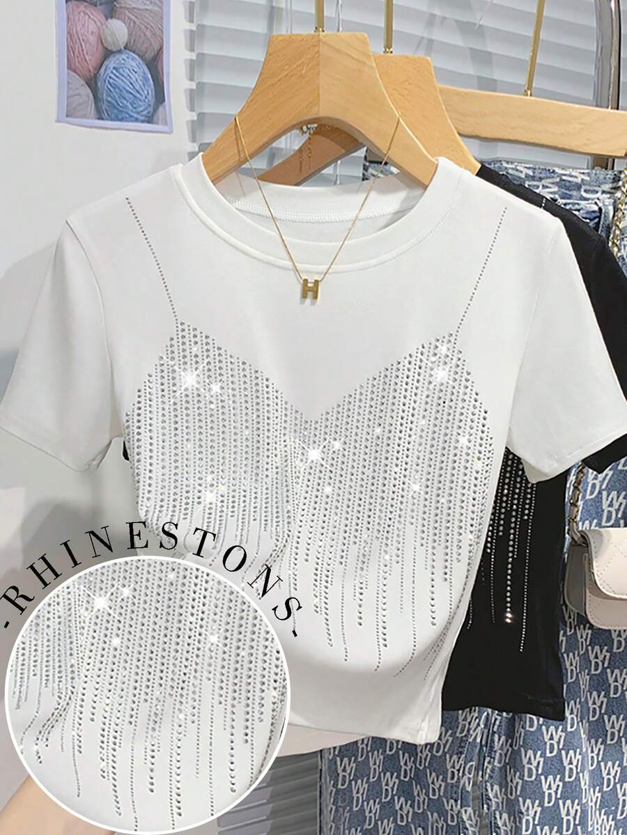 Resyla White Cropped Fitted Short Sleeve T-Shirt For Women, Distinctive Rhinestone Design, New Style Midriff-Baring Waist T-Shirt, Fitted Short Tee - White - View 1