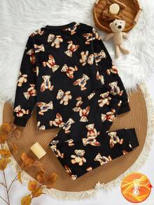 Tween Boys Flannel Loungewear Set,Black Polka Dot Autumn Cute Lounge 2-Piece Teddy Bear Pattern Round Neck Long Sleeve Top & Pants Kids Pajama Set - Black - View 2
