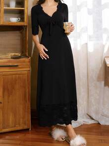 Côtesoire Elegant French Style V-Neck Lace Patchwork Loose Maxi Dress For Women - Black - View 3