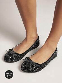 SHUZIA #Widefit-Sparkling Women's Round Toe Pewter Rhinestone Bow Nub Black Ballet Flat– Elegant, Comfortable & Dressy - Black - View 5