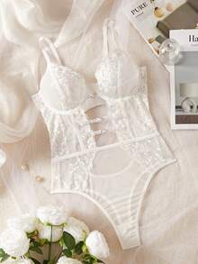 1pc Women's Sexy Lingerie Floral Embroidery Mesh Bodysuit