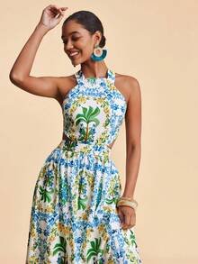 Travachic 女士度假风印花露背系带连衣裙，春夏款 - 彩色 - 查看 6