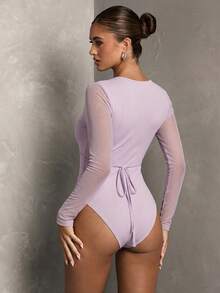 SHEIN BAE 女士纯色深V领网纱拼接长袖性感连体衣 - 淡紫色 - 查看 2