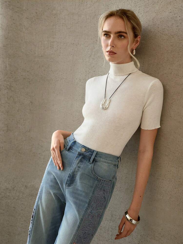 WOMEN'S CASUAL EVERYDAY COMMUTE SIMPLE SOLID COLOR HIGH NECK LETTUCE TRIM SLIM FIT KNIT TOP, AUTUMN/WINTER