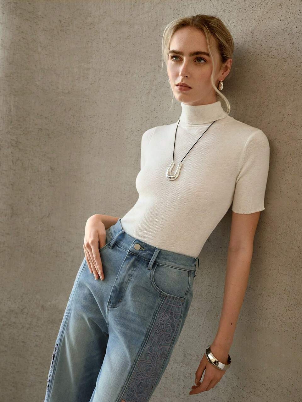 WOMEN'S CASUAL EVERYDAY COMMUTE SIMPLE SOLID COLOR HIGH NECK LETTUCE TRIM SLIM FIT KNIT TOP, AUTUMN/WINTER