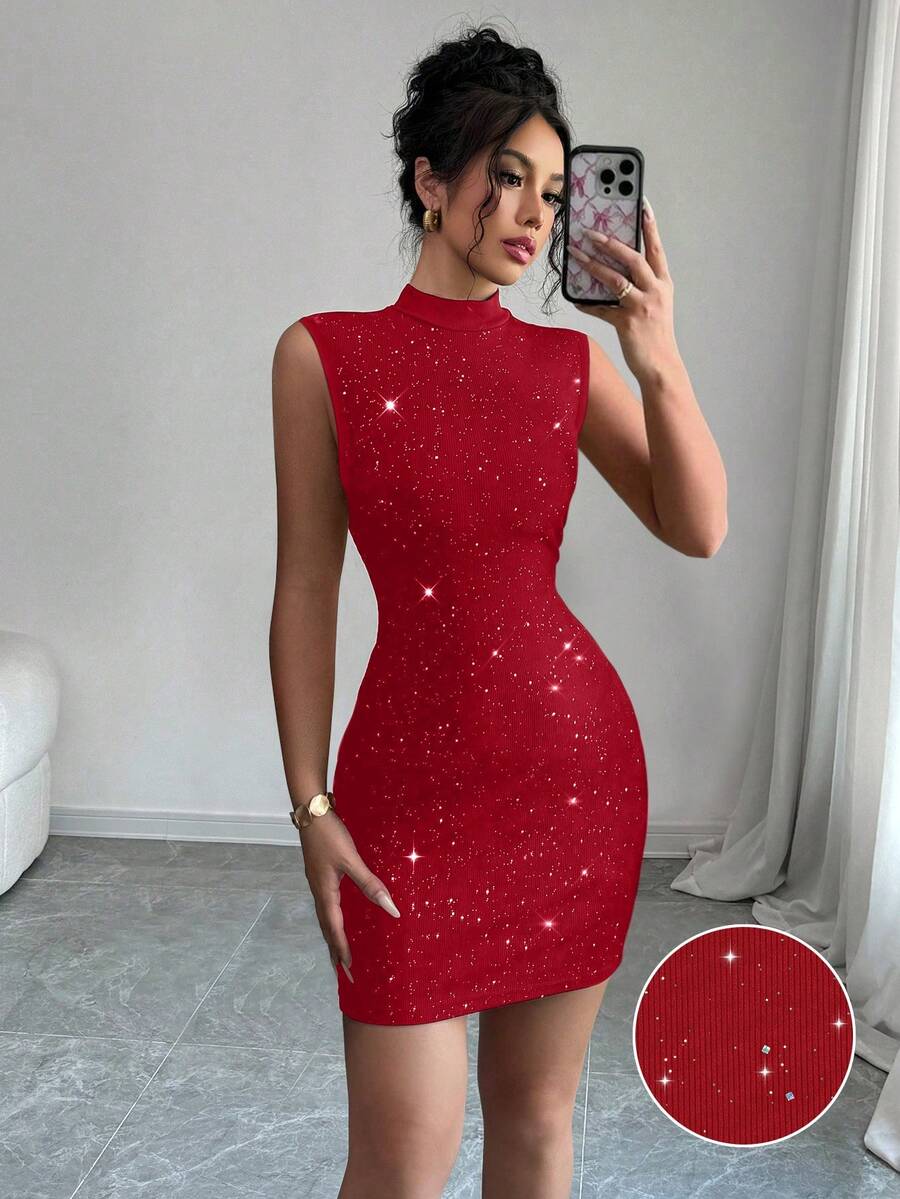 Elenzga Women's Solid Color Fitted Two-Piece Mini Dress - Red - View 1