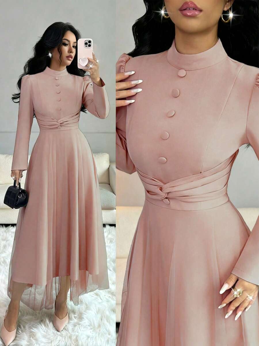 SHEIN Elenzya Damen Midi-Kleid mit Stehkragen, Langarm, Knopfverzierung, Taillentwist, Rüschen, Mesh-Einsätzen und elegantem Taillenbund für Partys Einfarbig - Pink - Übersicht 1