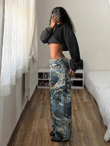 StreetHx Women's Fashion Casual Street Graffiti Low Waist Loose Flared Leg Jeans