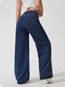 SHEIN ICON Quần jean ống đứng cổ điển giặt sạch cỡ lớn cho nữ - Rửa tối - Xem 2
