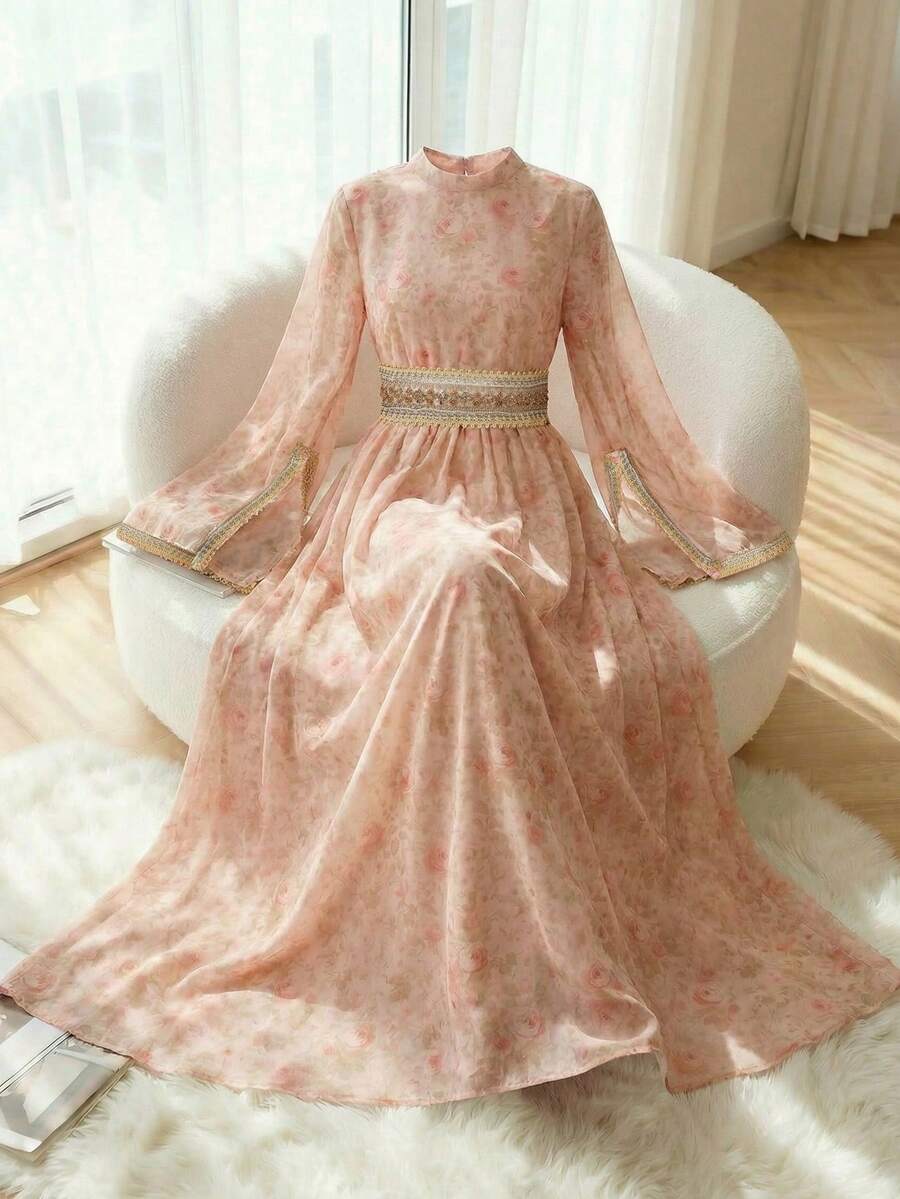 Al Najma 优雅立领系带喇叭袖连衣裙，春夏款 - 彩色 - 查看 1