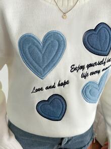 SHEIN SWEATER WITH DENIM HEART APPLIQUE EMBOIDERY - White - View 9