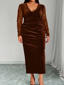 Veslaya Plus Size Women Contrast Lace V-Neck Ruched Fitted Elegant Dress, Long Sleeve - Brown - View 6