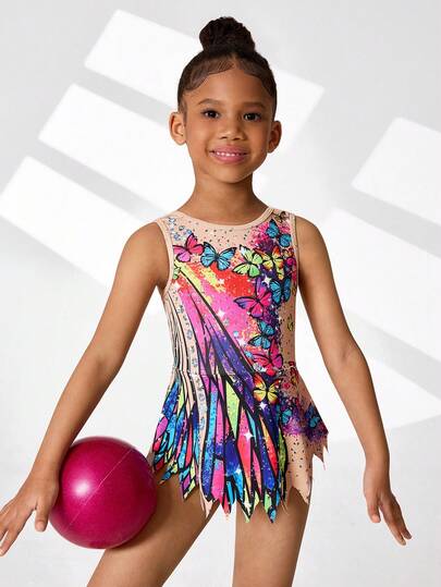 SHEIN Leotardos sin mangas con estampado para niñas, cómodos y amigables con la piel, diseño ajustado para evitar la exposición, ropa deportiva para gimnasia rítmica, maillot para competencia de baile escolar, apto para todas las estaciones, rosa rojo, patrón navideño festivo, maillot de gimnasia con estampado de mariposa
