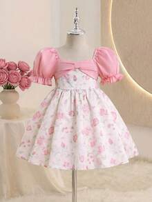 SHEIN Vestido de princesa de manga corta con patrón floral rosa y lazo para bebé niña - Rosa - Ver 3