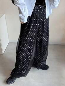 FRIFUL Women's Elastic Waist Mesh & Polka Dot Patchwork 2 In 1 Ankle Length Pants - Black - View 2