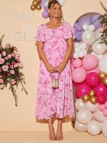 Loomaby 孕妇碎花印花心形领荷叶袖优雅连衣裙 - 彩色 - 查看 4