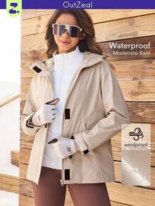 OutZeal Women Water-Resistant Hooded Drawstring Waist Zip Pocket Grey Outdoor Jacket Daily Casual - Apricot - View 11